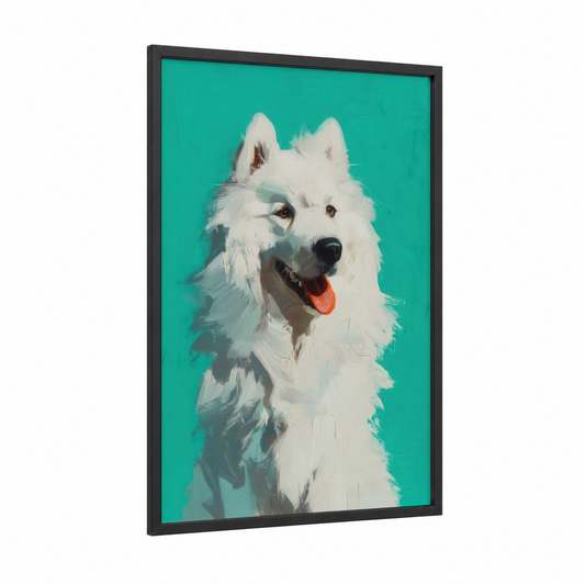 Happy Spitz framed art print — black wood frame — white and turquoise palette