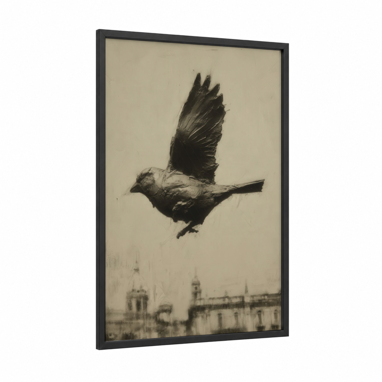 Urban Finch framed art print — black wood frame — black and white and dove gray palette