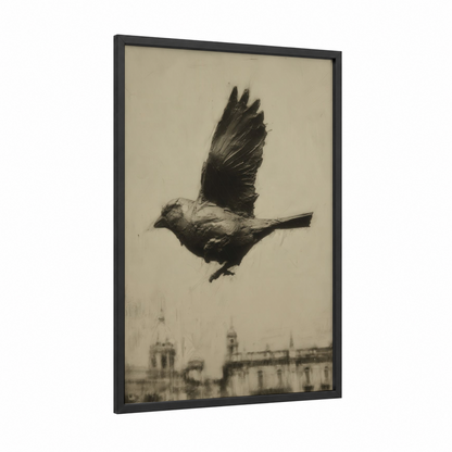 Urban Finch framed art print — black wood frame — black and white and dove gray palette