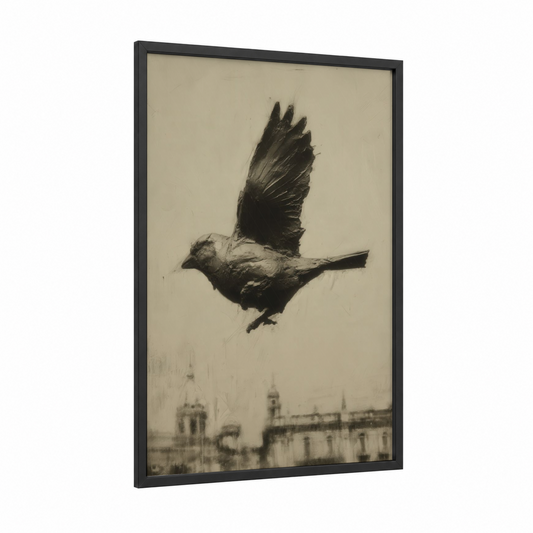 Urban Finch framed art print — black wood frame — black and white and dove gray palette