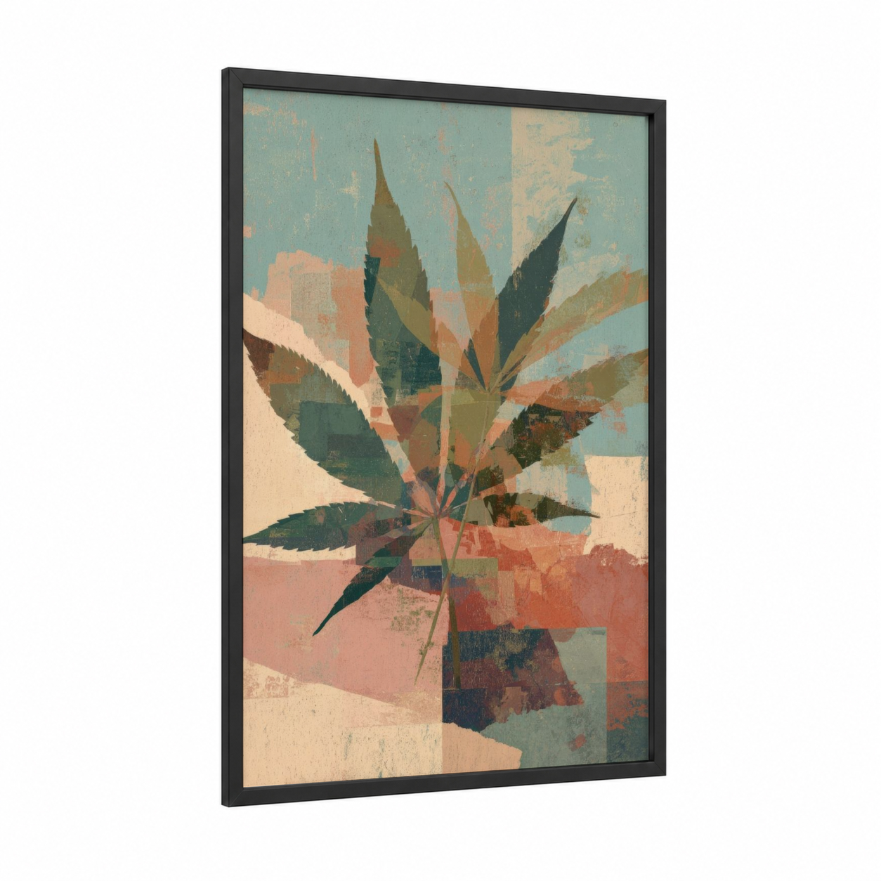 Retro Botanical Cannabis framed marijuana print — black wood frame — peach and sage green palette
