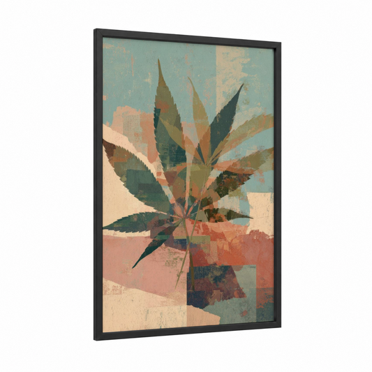 Retro Botanical Cannabis framed marijuana print — black wood frame — peach and sage green palette