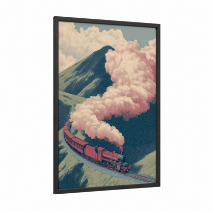 Mountain Steam Train framed art print — black wood frame — blue and rose gold palette