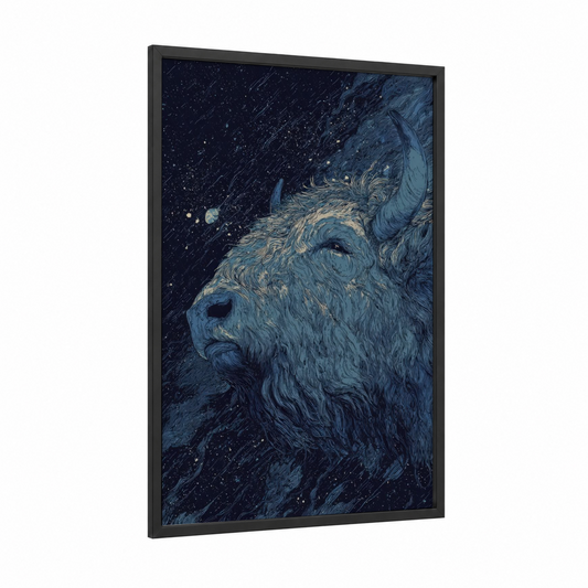 Cosmic Yak framed art print — black wood frame — dark blue and cream palette