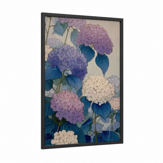 Clustered Hydrangeas framed art print — black wood frame — lavender and blue palette
