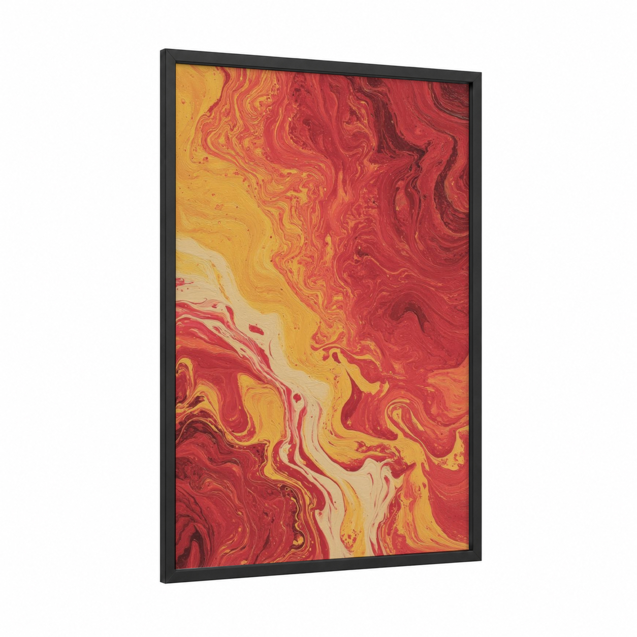 Crimson Volcano framed art print — black wood frame — red and gold palette