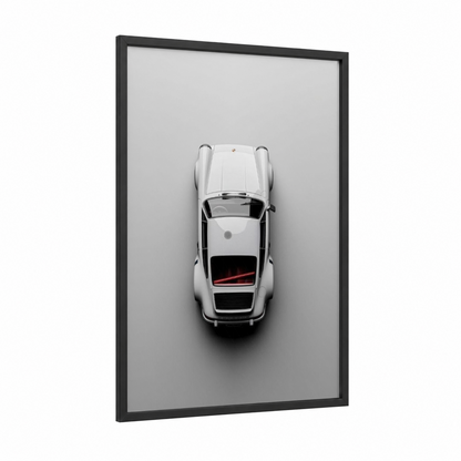 White Sports Car framed art print — black wood frame — black and white and red palette