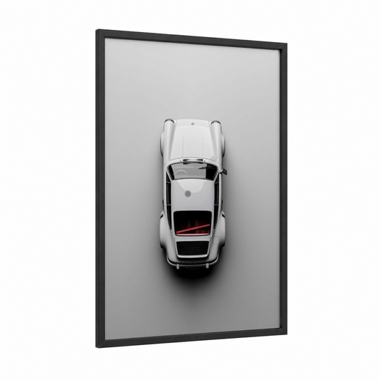 White Sports Car framed art print — black wood frame — black and white and red palette