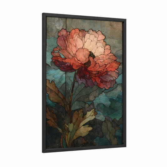 Coral Sea Anemone framed art print — black wood frame — teal and salmon pink palette