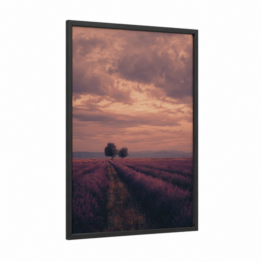 Lavender Dusk framed lavender field print — black wood frame — peach and lavender palette