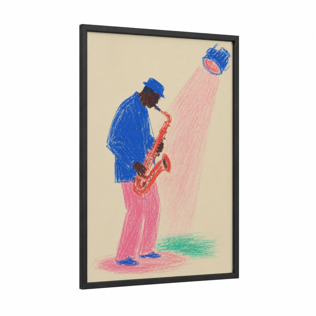 Jazz Saxophonist Under Spotlight Wall Art framed art print — black wood frame — blue and pink palette