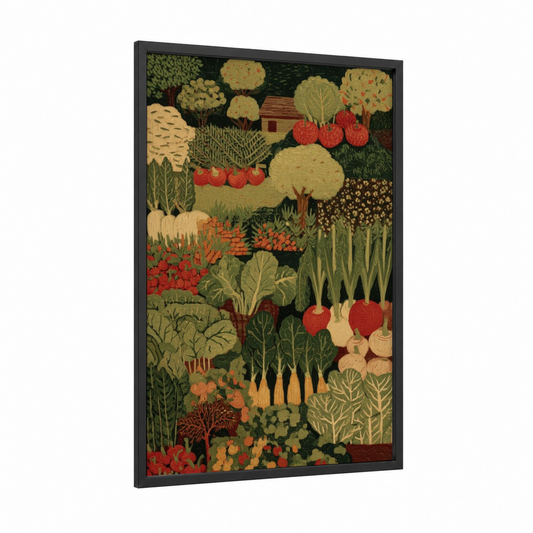 Garden Harvest Abundance framed vegetable print — black wood frame — dark green and red palette