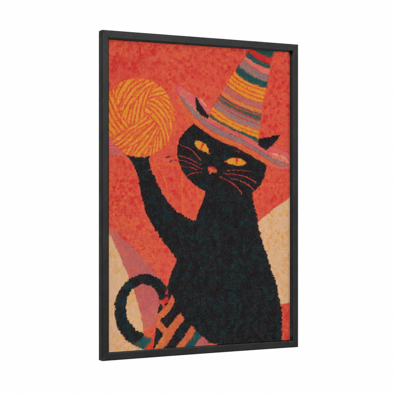 Festive Black Cat framed halloween print — black wood frame — red and gold palette
