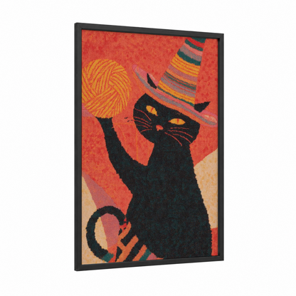 Festive Black Cat framed halloween print — black wood frame — red and gold palette