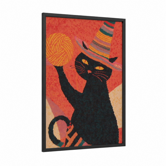 Festive Black Cat framed halloween print — black wood frame — red and gold palette