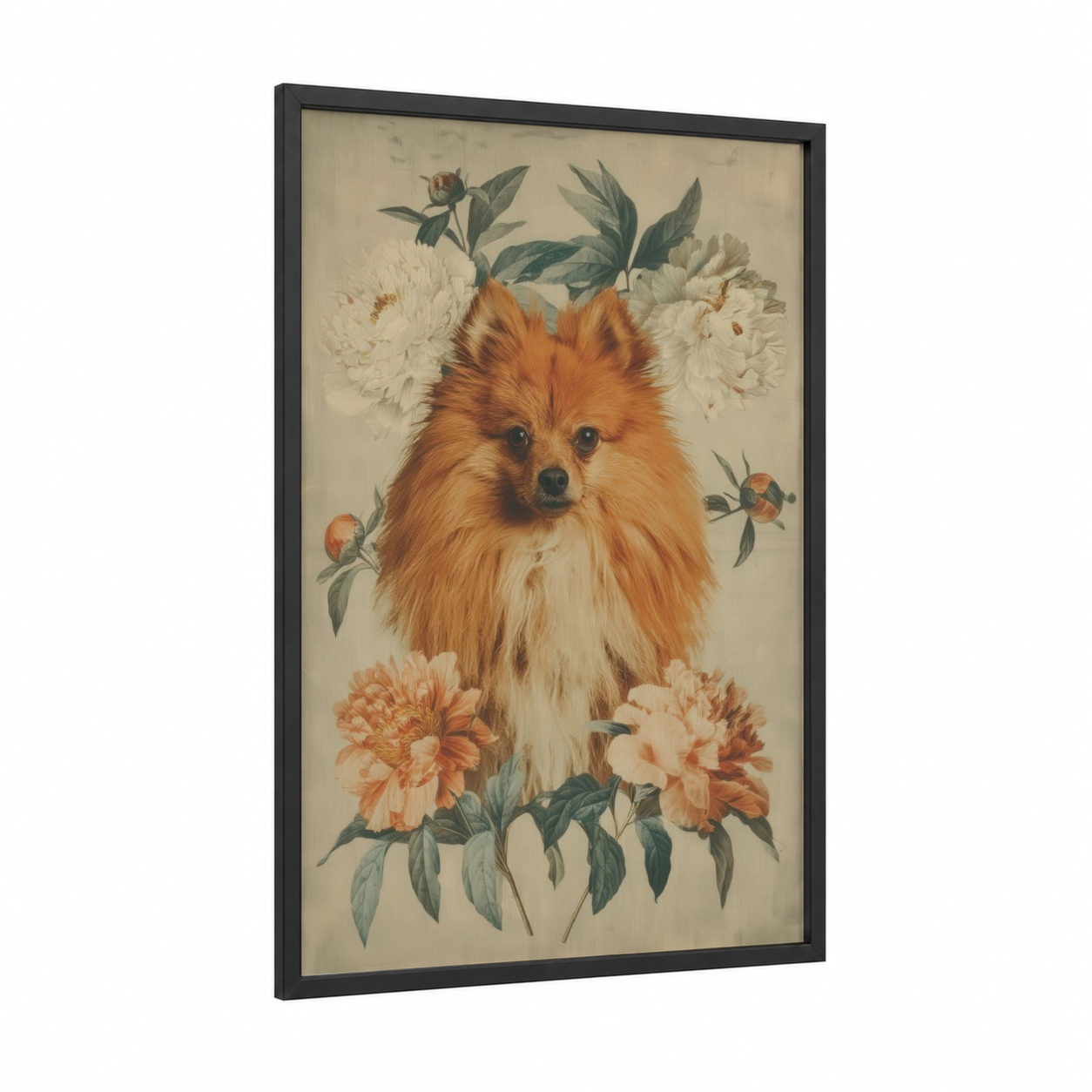 Floral Spitz Portrait framed art print — black wood frame — cream and russet palette