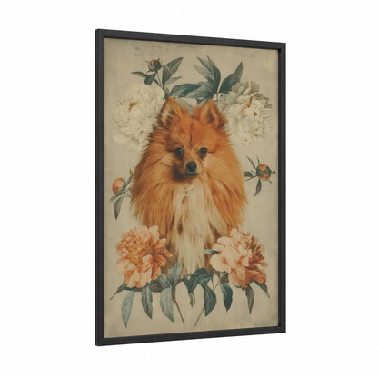 Floral Spitz Portrait framed art print — black wood frame — cream and russet palette