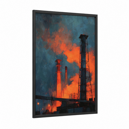 Industrial Inferno framed power plant print — black wood frame — orange and teal palette