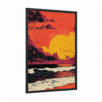 Crimson Sunset Waves framed beach sunrise and sunsets print — black wood frame — red and yellow gold palette