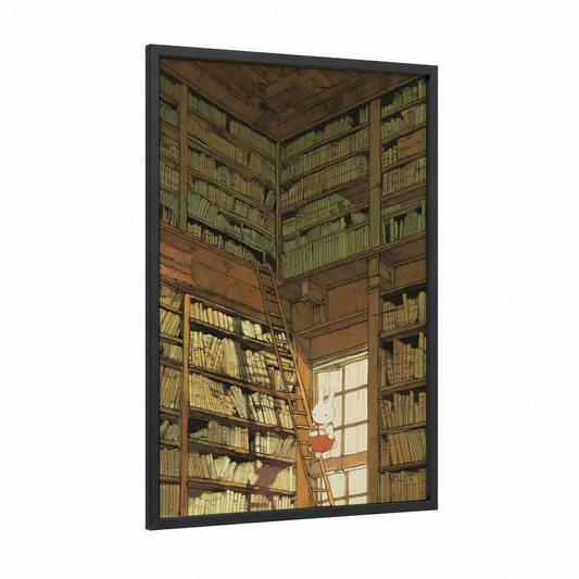 Library Rabbit framed art print — black wood frame — cream and brown palette