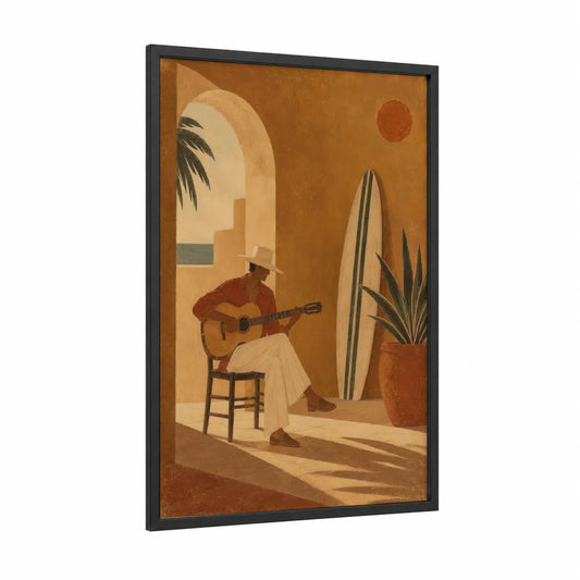 Mediterranean Guitarist Archway Wall Art framed art print — black wood frame — orange and beige palette