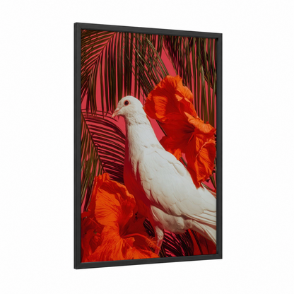 White Dove Tropical framed art print — black wood frame — red and white palette