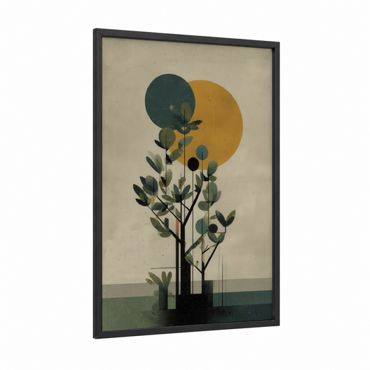 Golden Savanna Tree framed savanna and desert trees print — black wood frame — yellow gold and teal palette