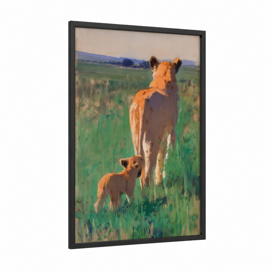 Golden Lioness framed art print — black wood frame — gold and green palette