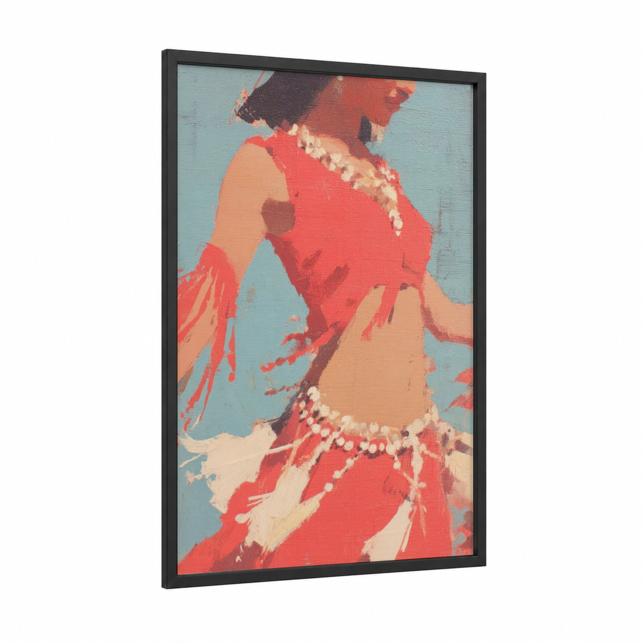 Scarlet Dancer framed belly dance print — black wood frame — red and blue palette