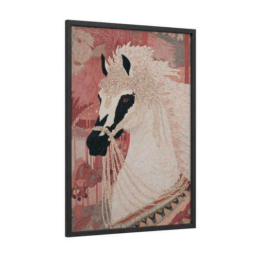 Pearl Pegasus framed art print — black wood frame — rose gold and champagne gold palette