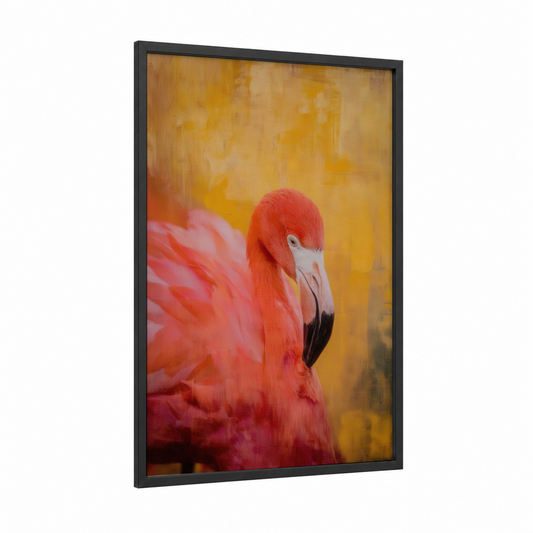 Crimson Flamingo framed art print — black wood frame — red and gold palette
