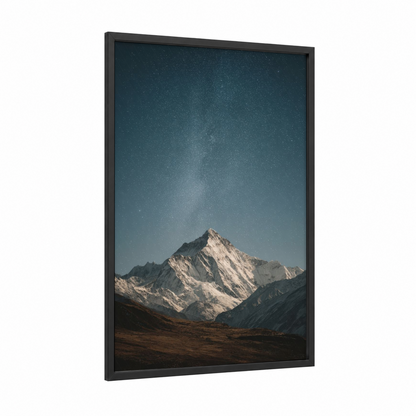 Starlit Everest framed mount everest print — black wood frame — dark blue and white palette
