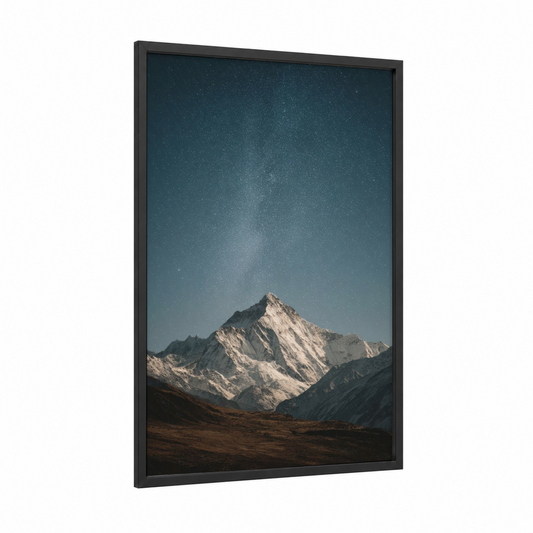 Starlit Everest framed mount everest print — black wood frame — dark blue and white palette