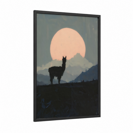 Sunset Alpaca framed art print — black wood frame — peach and gray palette