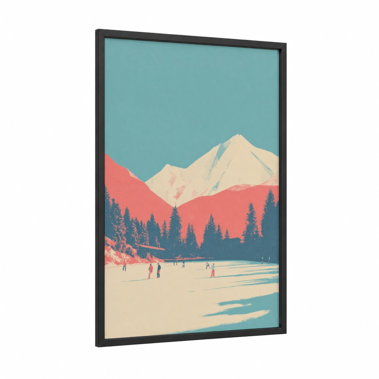 Mountain Ice Skaters framed ice skating print — black wood frame — teal and cream palette