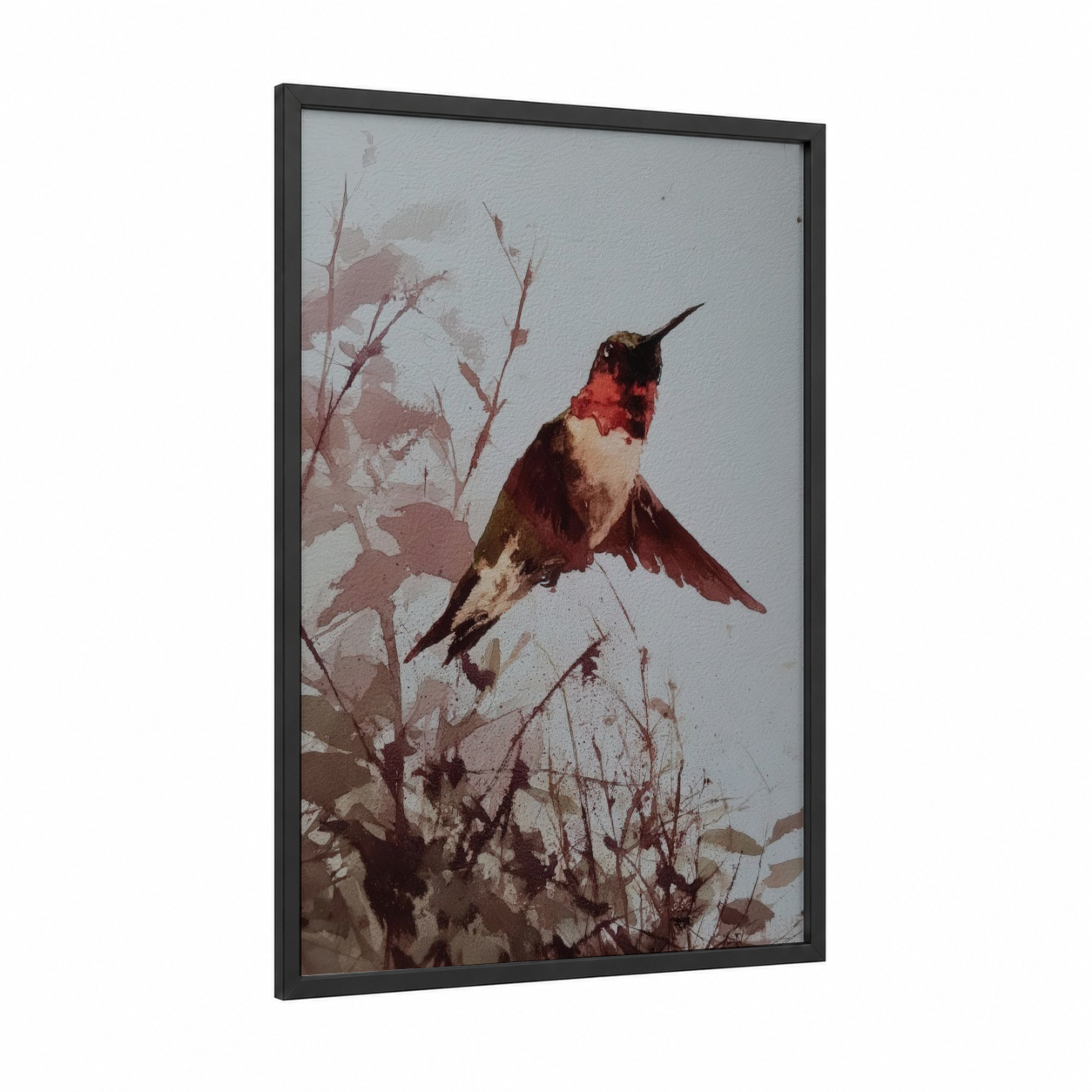 Ruby Hummingbird framed art print — black wood frame — maroon and beige palette