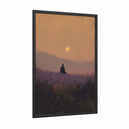 Meditative Sunrise framed yoga print — black wood frame — gold and peach palette