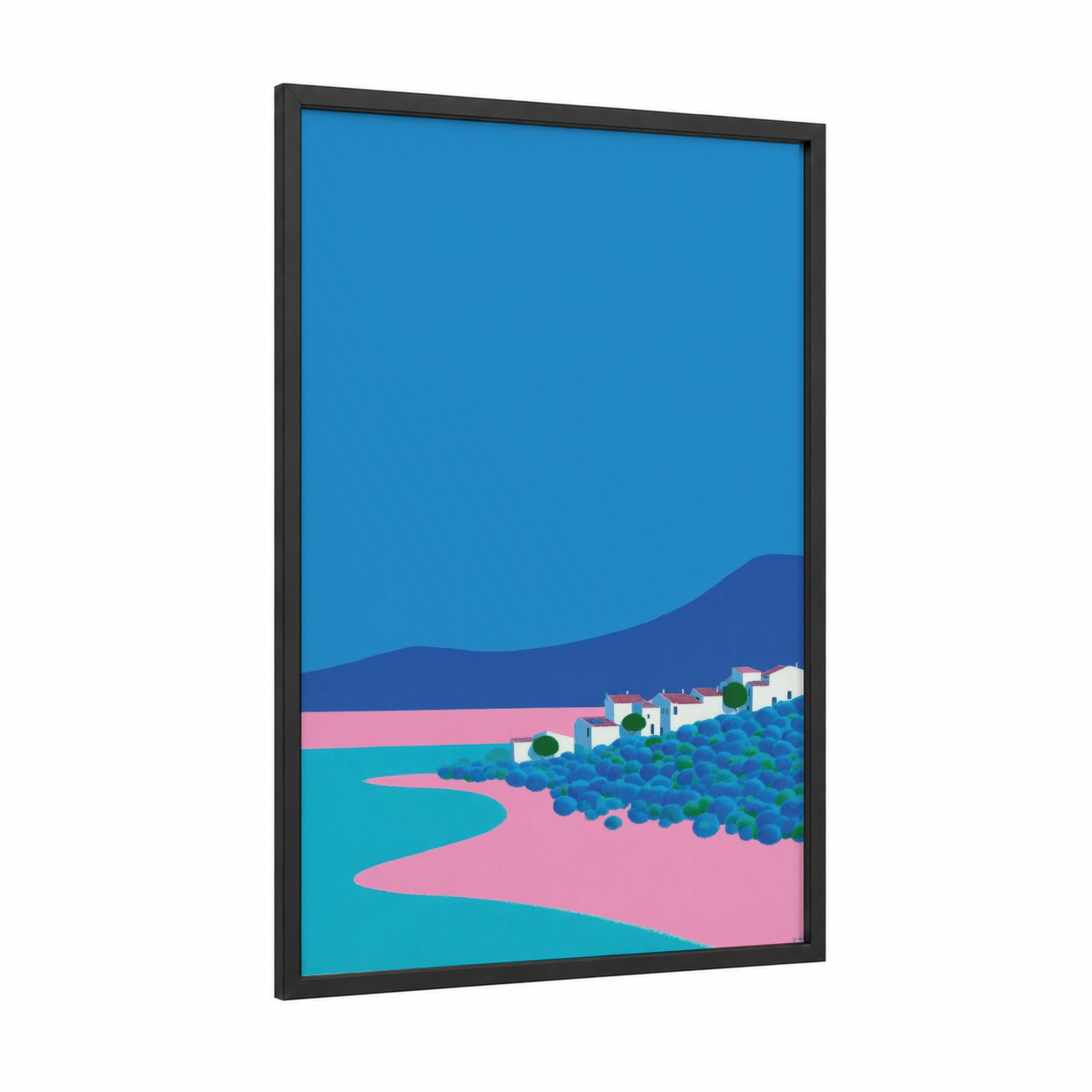 Coastal Village Landscape framed art print — black wood frame — blue and pink palette