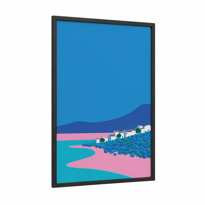 Coastal Village Landscape framed art print — black wood frame — blue and pink palette