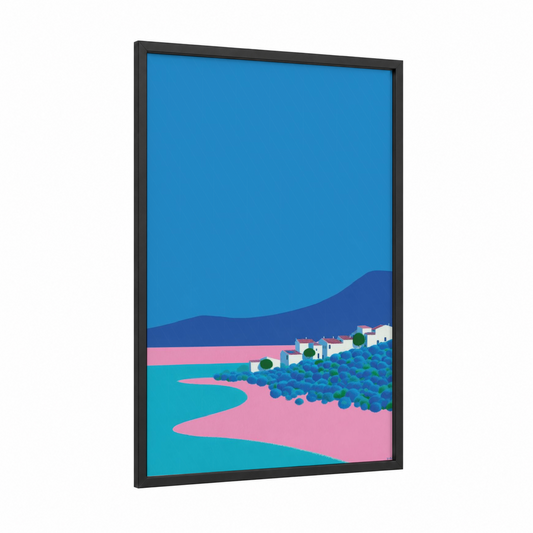 Coastal Village Landscape framed art print — black wood frame — blue and pink palette