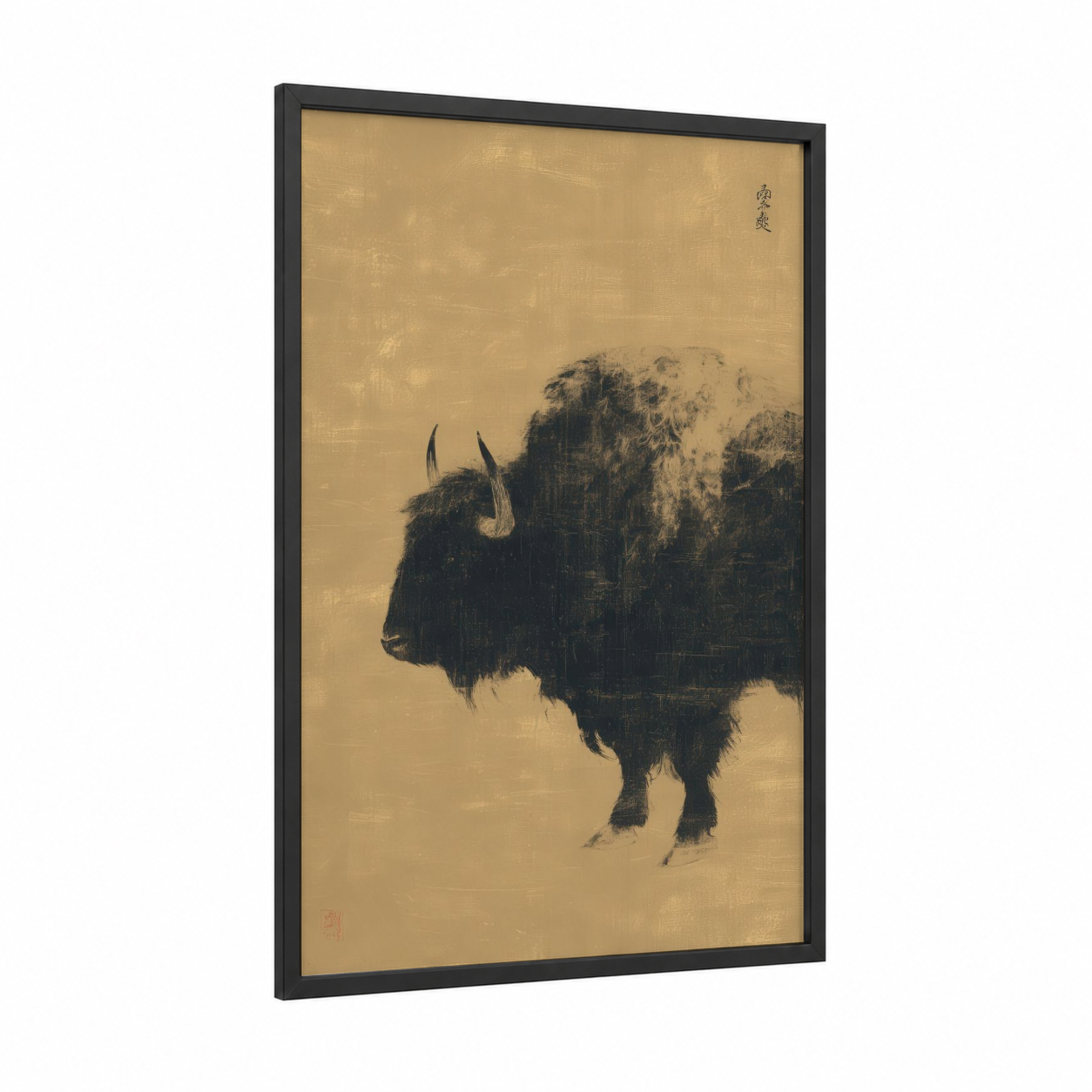 Snowy Yak framed art print — black wood frame — black and white and cream palette