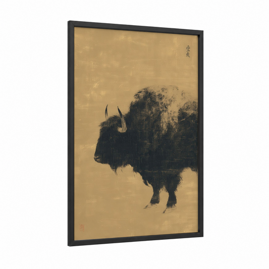 Snowy Yak framed art print — black wood frame — black and white and cream palette