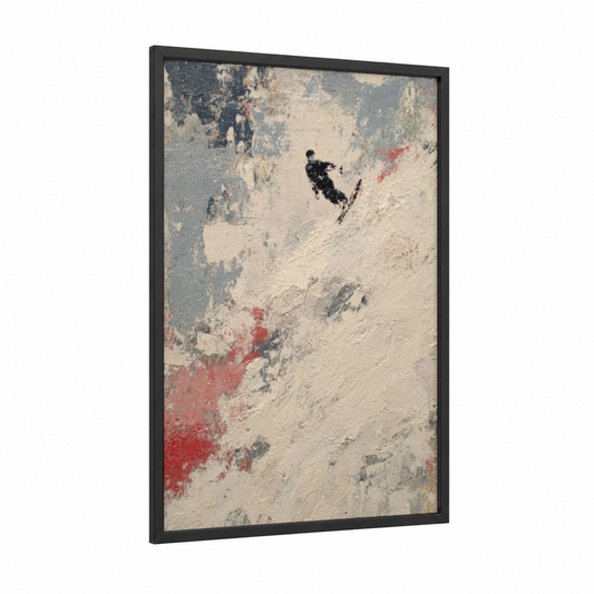 Aerial Snowboarder framed snowboarding print — black wood frame — cream and dove gray palette