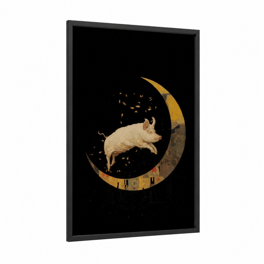 Pig Moon framed art print — black wood frame — gold and black palette