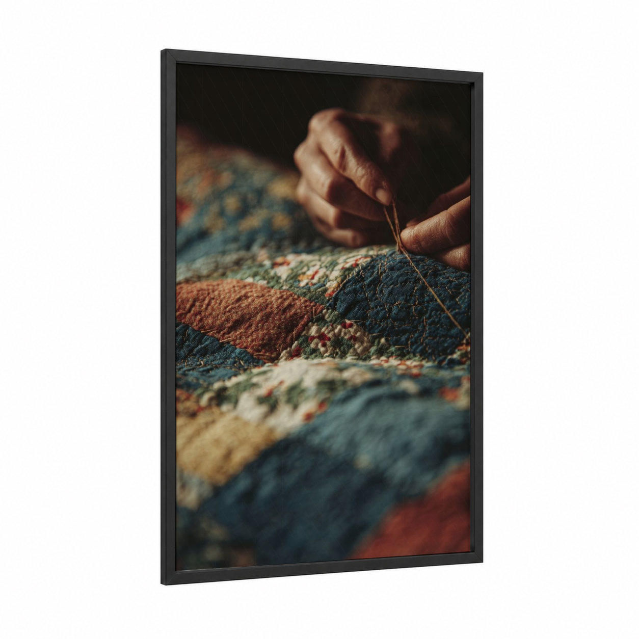 Artisan Needlework framed knitting and sewing print — black wood frame — russet and teal palette
