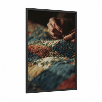 Artisan Needlework framed knitting and sewing print — black wood frame — russet and teal palette