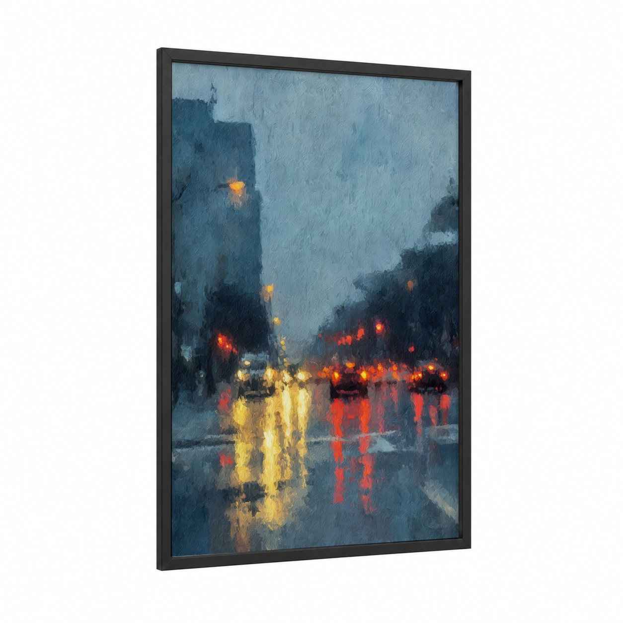 Rainy Urban Street framed road and highways print — black wood frame — blue and gold and dark blue palette