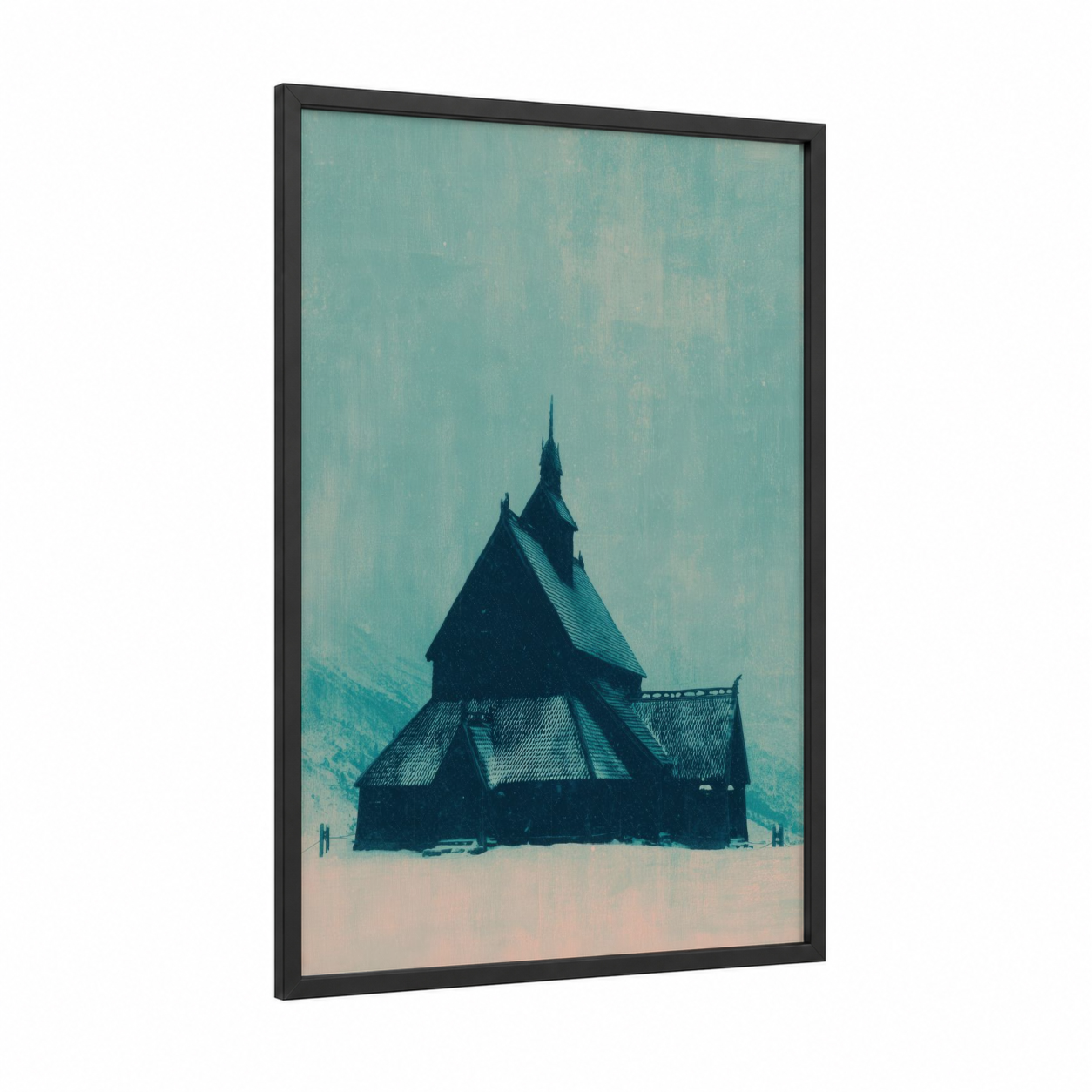 Snowy Sanctuary framed churches and chapels print — black wood frame — teal and white palette