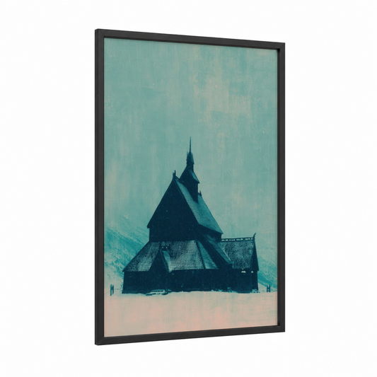 Snowy Sanctuary framed churches and chapels print — black wood frame — teal and white palette
