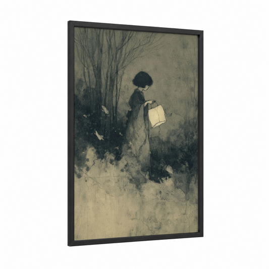 Solitary Ghost framed art print — black wood frame — black and white and gray palette